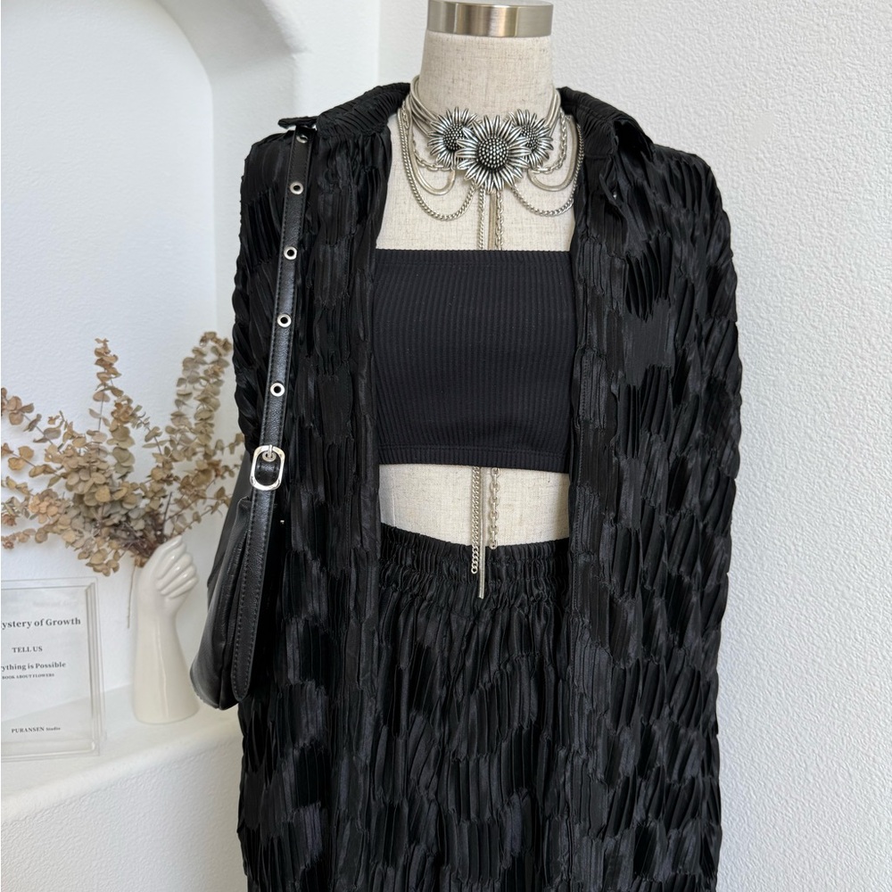 Satin Black Pleaded South Beach Long Sleeve Button Up Blouse